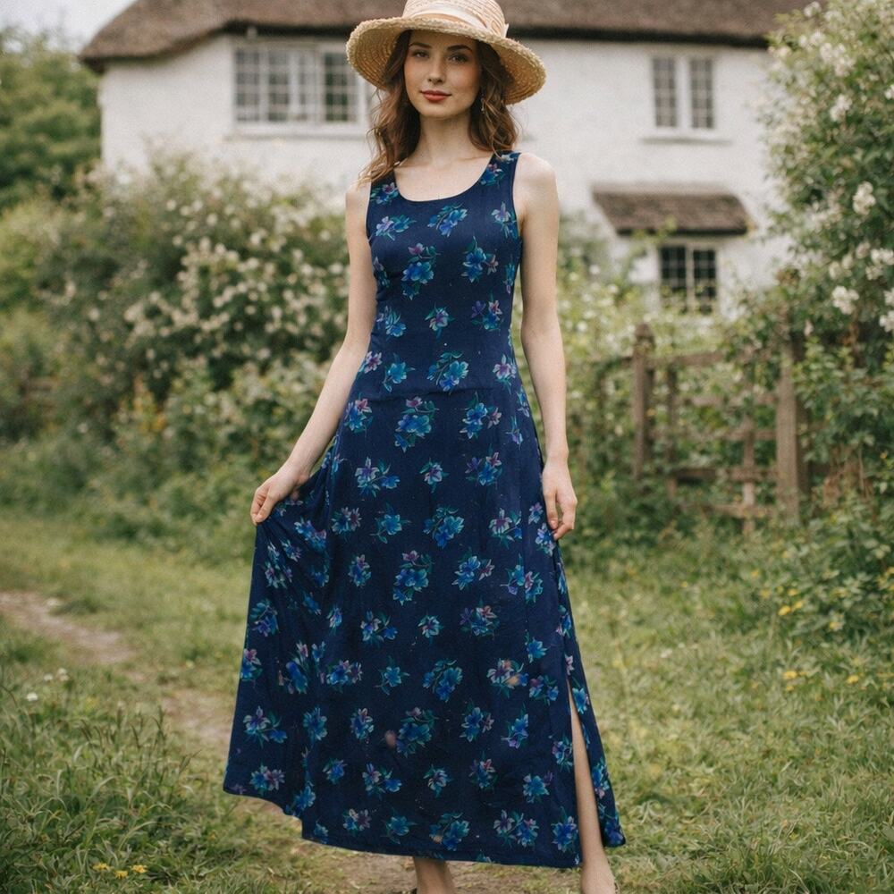 Vintage Laura Ashley Silk Floral Maxi Sleeveless Cottagecore Dress Size 8